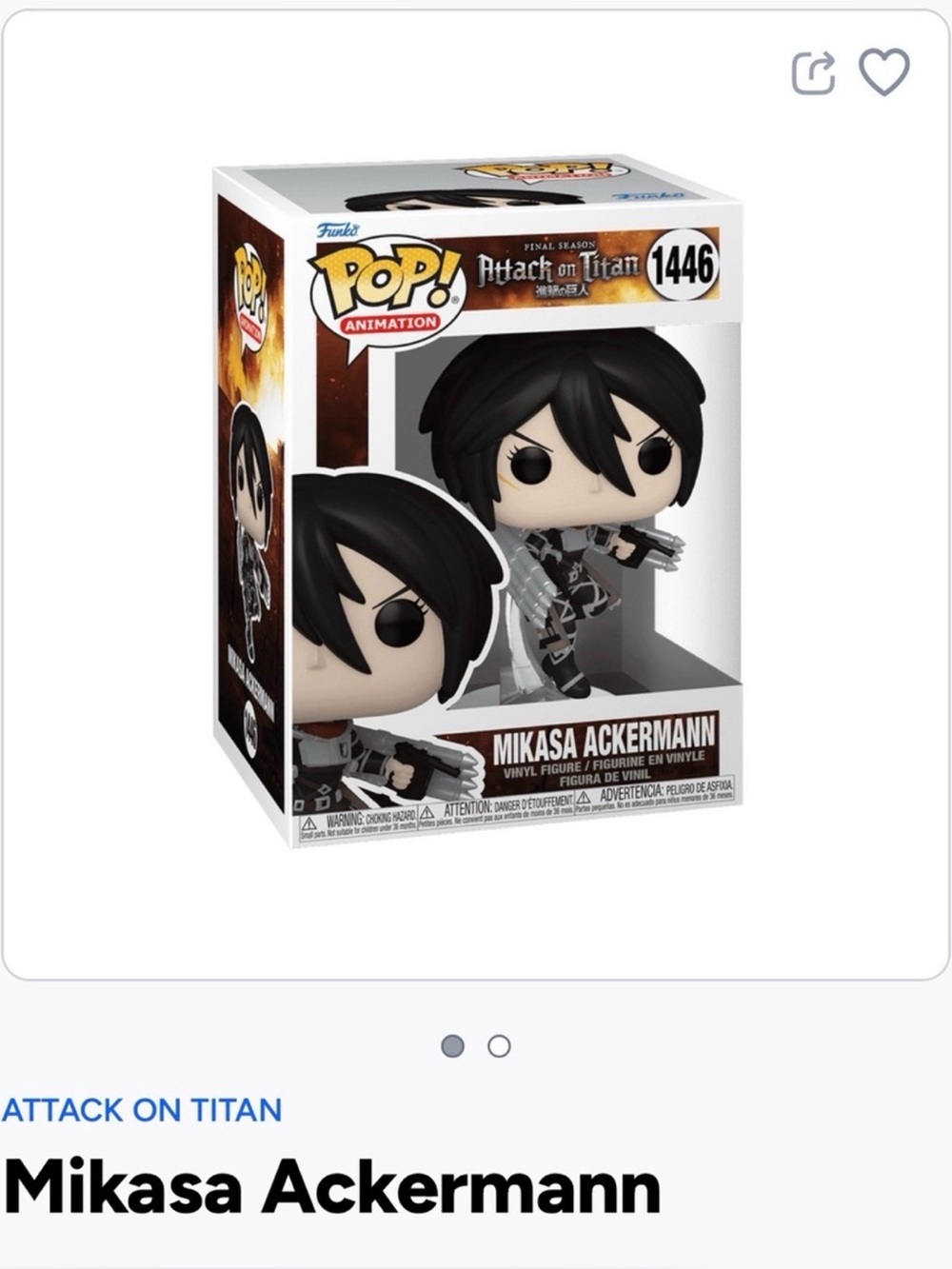 Funko Mikasa Ackermann Pop! Vinyl Figure - Black- 1446
